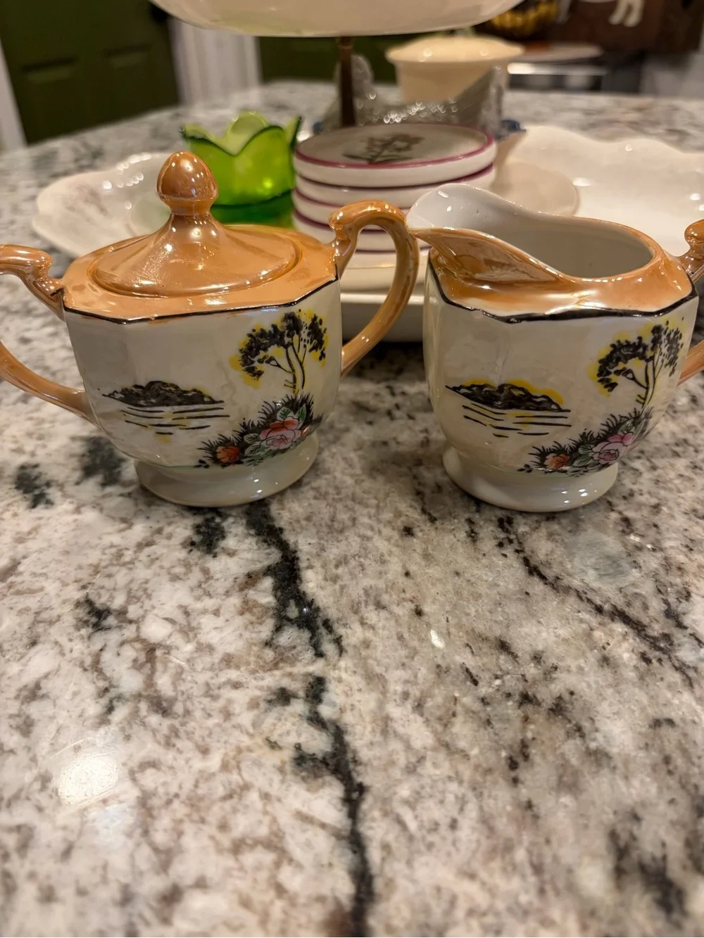 Cream and Peach Floral Creamer and Sugar Set